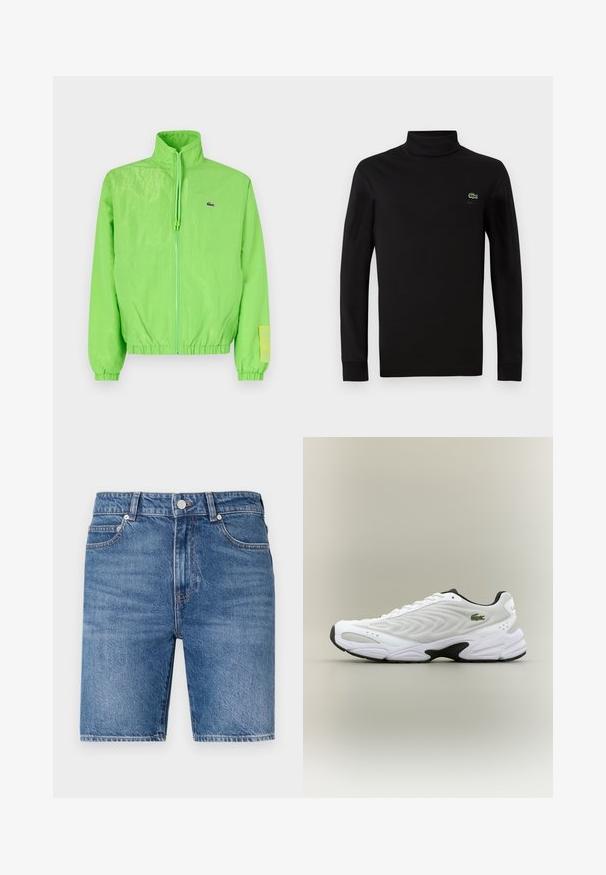 Groene windbreakers met een hoge kraag, ritssluiting aan de voorkant, elastische manchetten en zoom. Bevat een klein logo en een labelaccent op de mouw.; Zwarte turtleneck met lange mouwen, gemaakt van een gladde katoenstof, met een klein groen krokodillogo op de linkerborst.; Denim shorts in een middelblauwe wassing met een rechte snit, vijf-pocket ontwerp en sluiting met een bovenste knoop. Heeft contrasterende stiksels.; Witte sportieve schoen met een textuur van gaas bovenwerk, gebogen ontwerp en contrasterende zwarte zool. Heeft een groen geborduurd logo aan de zijkant.