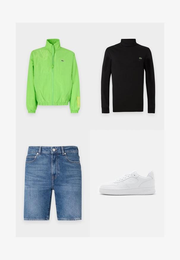 Grøn vindjakke med høj krave, lynlåslukning foran, elastiske manchetter og nederste kant. Har et lille logo og en labeldetalje på ærmet.; Sort langærmet turtleneck lavet af glat bomuldsstof, med et lille grønt krokodillelogo på venstre bryst.; Denim shorts i mellemblå vask med lige snit, fem-lomme design og topknap lukning. Har kontrasterende syninger.; Hvide lædersneakers med perforeret tåboks, flade snørebånd og polstret krave. Har et præget logo på siden og en tekstureret gummisål.