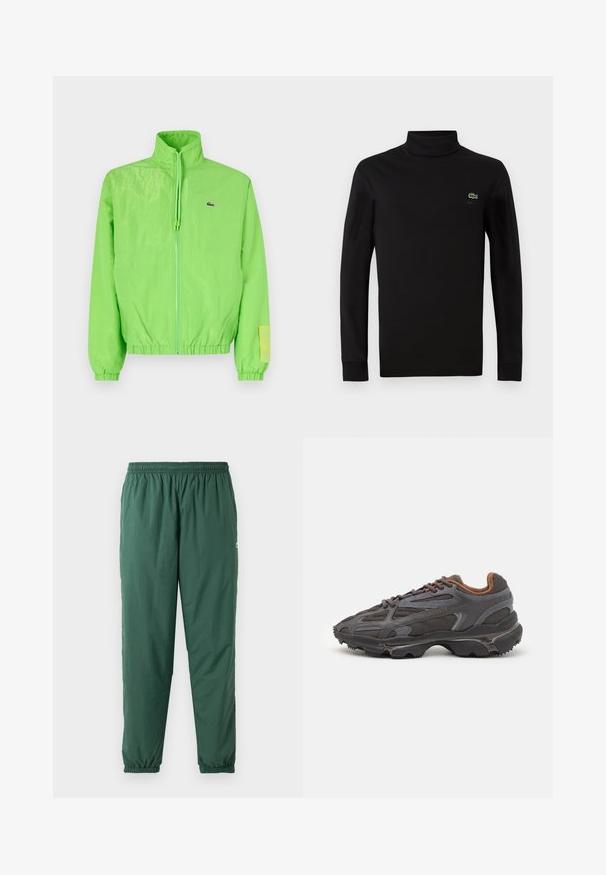 Grøn vindjakke med høj krave, lynlåslukning foran, elastiske manchetter og nederste kant. Har et lille logo og en labeldetalje på ærmet.; Sort langærmet turtleneck lavet af glat bomuldsstof, med et lille grønt krokodillelogo på venstre bryst.; Grønne, lette, elastiske bukser med en rynket talje og manchetter, lavet af et glat, vandafvisende materiale.; Lacoste sneakers i mørkegrå med mesh og syntetisk materiale, udstyret med en tekstureret sål og brune accenter på kraven og brandingen.