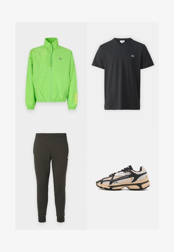 Veste coupe-vent verte avec un col montant, fermeture éclair à l'avant, poignets élastiques et ourlet. Présente un petit logo et un accent en étiquette sur la manche.; T-shirt en coton noir avec un col en V, des manches courtes et un petit logo de crocodile brodé en vert sur la poitrine gauche.; Jogging en vert foncé en tissu doux, avec une taille élastique, des poignets côtelés et un petit logo sur le côté.; Baskets Lacoste en noir, beige et argent. Comprend des matériaux en maille et synthétiques, un bout arrondi, des lacets et une semelle en caoutchouc texturée.