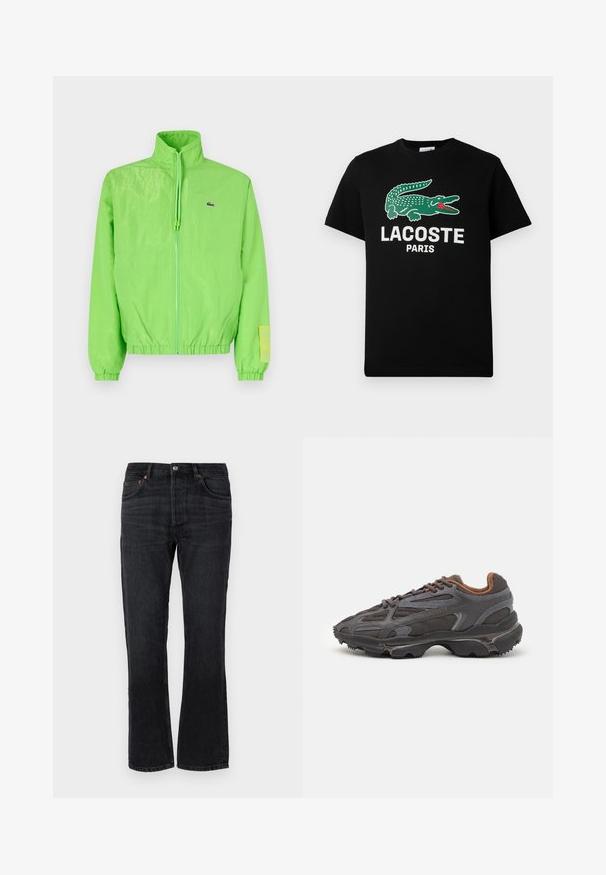 Grøn vindjakke med høj krave, lynlåslukning foran, elastiske manchetter og nederste kant. Har et lille logo og en labeldetalje på ærmet.; Sort bomulds T-shirt med et grønt krokodillelogo og teksten "LACOSTE PARIS" i hvid. Korte ærmer og klassisk rund halsudskæring.; Sorte denim jeans med lige ben, fem lommer og orange stikninger. Glat tekstur og minimale falmede detaljer.; Lacoste sneakers i mørkegrå med mesh og syntetisk materiale, udstyret med en tekstureret sål og brune accenter på kraven og brandingen.