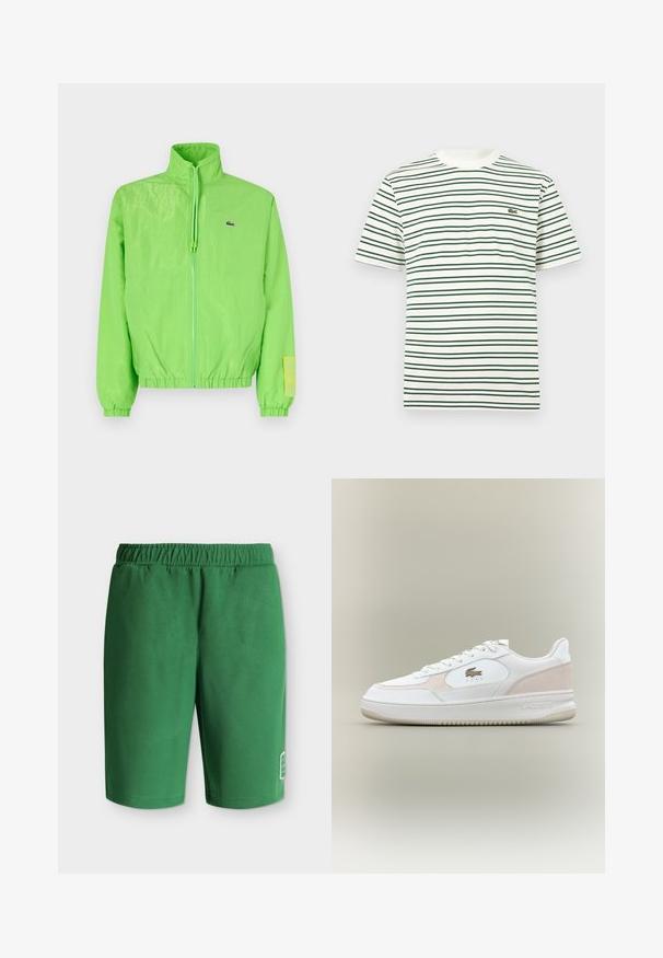 Veste coupe-vent verte avec un col montant, fermeture éclair à l'avant, poignets élastiques et ourlet. Présente un petit logo et un accent en étiquette sur la manche.; T-shirt blanc à manches courtes avec de fines bandes horizontales vert foncé et beige et un petit logo crocodile vert sur la poitrine gauche.; Shorts décontractés verts avec taille élastique et petit logo blanc près du bas de la jambe gauche sur un fond uni.; Baskets blanches avec un dessus en cuir lisse, des accents en daim et une semelle en caoutchouc. Comprend un logo embossé et un design à lacets. Esthétique minimaliste.