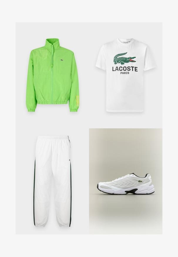 Grüne Windjacke mit hohem Kragen, Reißverschluss vorne, elastischen Bündchen und Saum. Verfügt über ein kleines Logo und ein Etikett-Detail am Ärmel.; Lacoste T-Shirt print - white; Weiße Trainingshose mit dunkelgrünen Seiteneinsätzen. Leichtes Material, elastischer Bund und gerippte Säume. Mit Netzstruktur an den Seiteneinsätzen.; Weißer Sportschuh mit strukturiertem Mesh-Obermaterial, geschwungenem Design und kontrastierender schwarzer Laufsohle. Mit grünem gesticktem Logo an der Seite.