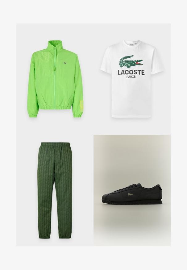 Zelená vetrovka s vysokým golierom, zipsom vpredu, elastickými manžetami a lemom. Má malé logo a výraznú nášivku na rukáve.; Lacoste Tričko s potlačou - white; Zelené športové nohavice s elastickým pásom, zúženými nohavicami a celoplošným geometrickým vzorom. Vyrobené z ľahkého materiálu.; Nízke čierne tenisky so šnurovaním vpredu, textúrovanou podrážkou a malým logom krokodíla na boku, zobrazené na jednoduchom pozadí.