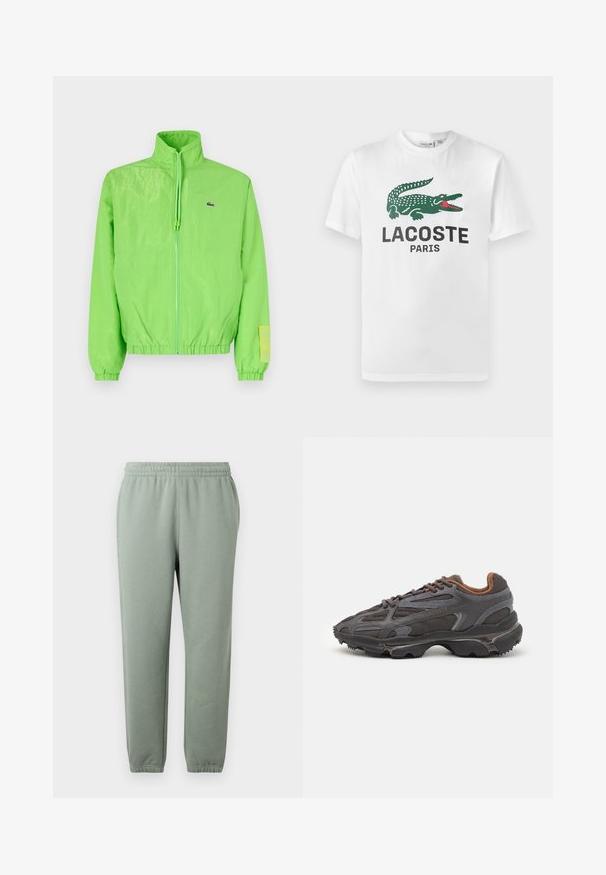 Grüne Windjacke mit hohem Kragen, Reißverschluss vorne, elastischen Bündchen und Saum. Verfügt über ein kleines Logo und ein Etikett-Detail am Ärmel.; Lacoste T-Shirt print - white; Hellgrüne Sweatpants mit elastischem Bund, schmal zulaufenden Beinen und umgenähten Knöcheln. Hergestellt aus weichem, leichtem Stoff.; Lacoste Sneaker in Dunkelgrau aus Mesh und Synthetikmaterial, mit einer strukturierten Sohle und braunen Akzenten am Kragen und Logo.