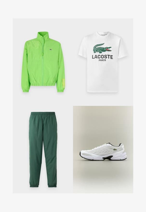 Zelená vetrovka s vysokým golierom, zipsom vpredu, elastickými manžetami a lemom. Má malé logo a výraznú nášivku na rukáve.; Lacoste Tričko s potlačou - white; Zelené, ľahké, elastické nohavice so sťahovacím pásom a manžetami, vyrobené z hladkého, vodoodpudivého materiálu.; Biele atletické tenisky s textúrovaným sieťovinovým zvrškom, zakriveným dizajnom a kontrastnou čiernou podrážkou. S greennou vyšívanou nášivkou na boku.