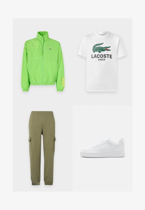 Chaqueta cortavientos verde con cuello alto, cierre frontal de cremallera, puños elásticos y dobladillo. Presenta un pequeño logo y un acento de etiqueta en la manga.; Lacoste Camiseta estampada - white; Pantalones cargo de tela liviana en color verde oliva, con bolsillos laterales, cintura elástica y puños ajustados para un ajuste ceñido.; Zapatilla de cuero blanco con caja de punta perforada, cordones planos y cuello acolchado. Presenta un logotipo grabado en el lateral y suela de goma texturizada.