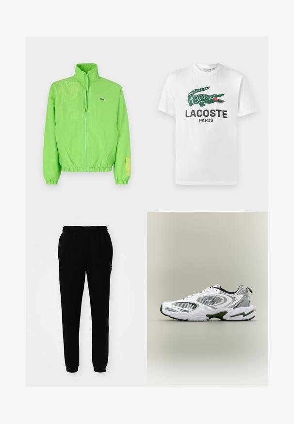 Chaqueta cortavientos verde con cuello alto, cierre frontal de cremallera, puños elásticos y dobladillo. Presenta un pequeño logo y un acento de etiqueta en la manga.; Lacoste Camiseta estampada - white; Pantalones de chándal negros con cintura y puños elásticos. Hechos de una tela suave, presentan un pequeño logotipo en la parte superior izquierda.; Zapatilla deportiva de running en blanco y gris, con paneles de malla, acentos verdes, detalles en negro y un logo en el costado, vista desde el lado exterior.