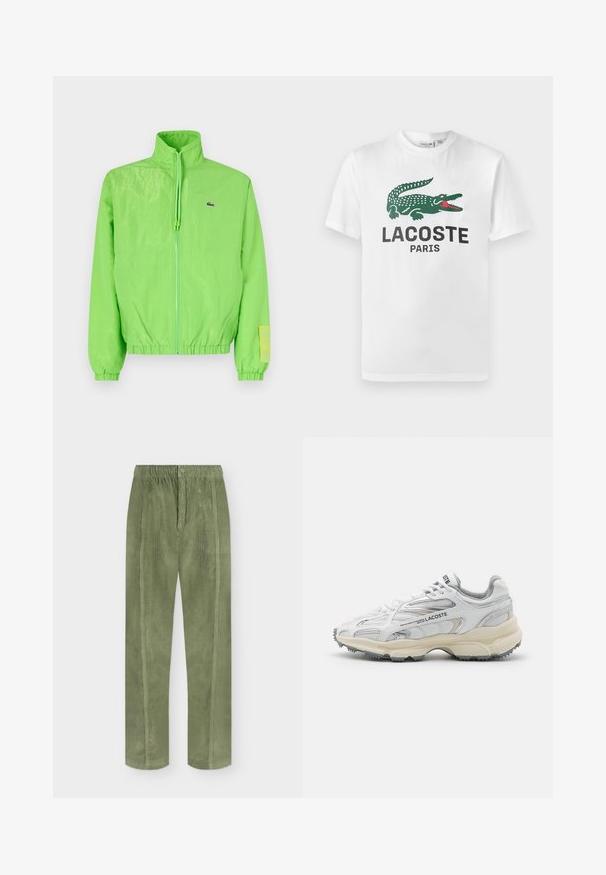 Veste coupe-vent verte avec un col montant, fermeture éclair à l'avant, poignets élastiques et ourlet. Présente un petit logo et un accent en étiquette sur la manche.; Lacoste T-shirt imprimé - white; Pantalon en velours côtelé vert olive avec ceinture élastique, bouton à l'avant et détails de couture verticale sur un fond uni.; Baskets de sport blanches avec des accents gris, tige en maille et synthétique, design à lacets et semelle en caoutchouc texturée avec motifs de traction.