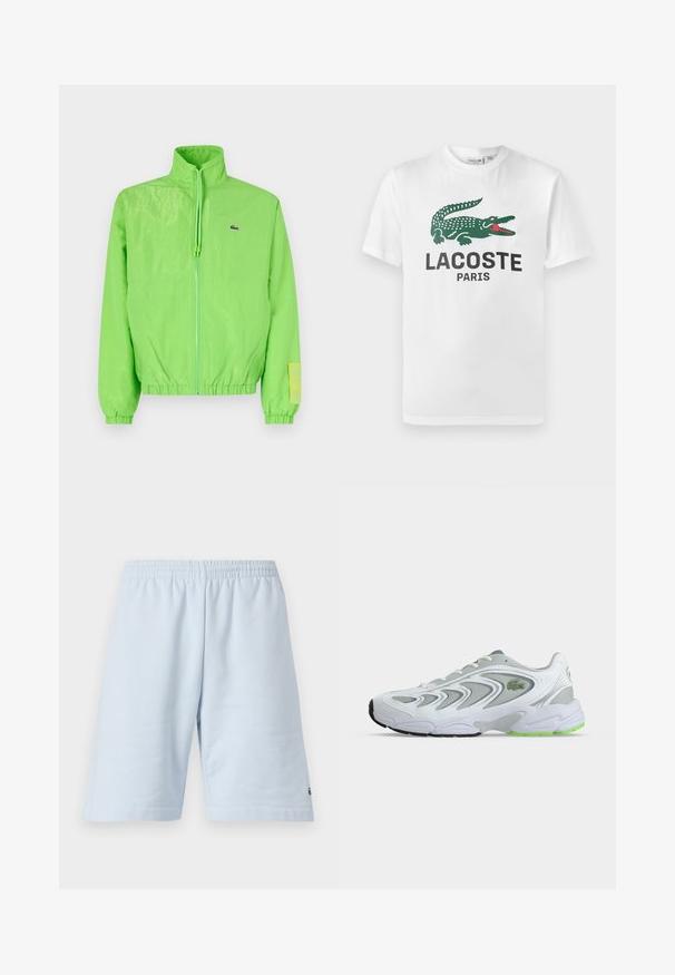Grüne Windjacke mit hohem Kragen, Reißverschluss vorne, elastischen Bündchen und Saum. Verfügt über ein kleines Logo und ein Etikett-Detail am Ärmel.; Lacoste T-Shirt print - white; Helle blaue Baumwollshorts mit elastischem Bund. Einfaches, einfarbiges Design und offener Saum. Logo-Verzierung am unteren Saum.; Weißer und grauer Sportschuh mit grünen Akzenten und Logo, Mesh-Einsätzen und einer dicken, gepolsterten Sohle, seitlich auf einfachem Hintergrund dargestellt.