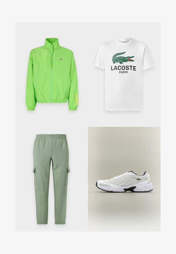 Veste coupe-vent verte avec un col montant, fermeture éclair à l'avant, poignets élastiques et ourlet. Présente un petit logo et un accent en étiquette sur la manche.; Lacoste T-shirt imprimé - white; Pantalons de survêtement vert clair avec une taille élastique, des jambes fuselées et deux poches cargo latérales. Fabriqués en tissu doux et respirant.; Baskets de sport blanches avec un dessus en mesh texturé, un design courbé et une semelle noire contrastante. Présente un logo brodé vert sur le côté.
