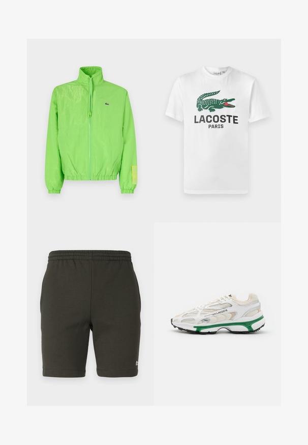 Veste coupe-vent verte avec un col montant, fermeture éclair à l'avant, poignets élastiques et ourlet. Présente un petit logo et un accent en étiquette sur la manche.; Lacoste T-shirt imprimé - white; Shorts vert foncé avec taille élastique en tissu doux. Présentent une coupe droite, des jambes ourlées et un petit logo sur le bas à droite.; Sneaker blanc avec accents verts et semelle en caoutchouc noir. Comprend des panneaux en mesh et en synthétique, avec une finition texturée et des coutures visibles.