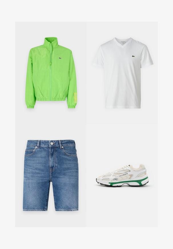 Veste coupe-vent verte avec un col montant, fermeture éclair à l'avant, poignets élastiques et ourlet. Présente un petit logo et un accent en étiquette sur la manche.; T-shirt en coton blanc avec un col en V, des manches courtes et un petit logo de crocodile vert sur la poitrine gauche. Design simple et léger.; Shorts en denim avec un délavage bleu moyen, coupe droite, design à cinq poches et fermeture par bouton supérieur. Présente des coutures contrastées.; Sneaker blanc avec accents verts et semelle en caoutchouc noir. Comprend des panneaux en mesh et en synthétique, avec une finition texturée et des coutures visibles.