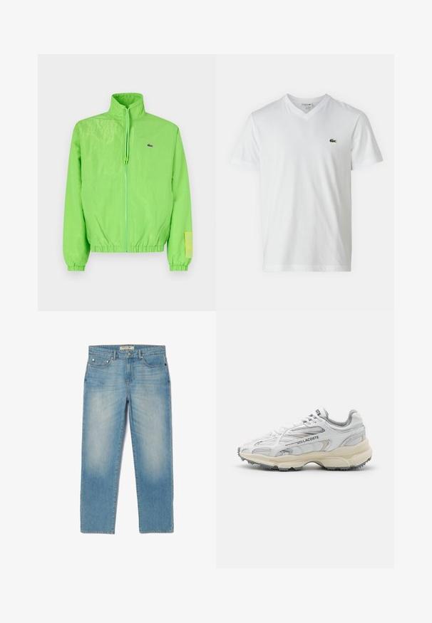 Veste coupe-vent verte avec un col montant, fermeture éclair à l'avant, poignets élastiques et ourlet. Présente un petit logo et un accent en étiquette sur la manche.; T-shirt en coton blanc avec un col en V, des manches courtes et un petit logo de crocodile vert sur la poitrine gauche. Design simple et léger.; Jean en denim bleu clair au design droit, avec cinq poches et un délavage légèrement usé. Présente des accessoires en acier inoxydable et une étiquette de taille avec la marque.; Baskets de sport blanches avec des accents gris, tige en maille et synthétique, design à lacets et semelle en caoutchouc texturée avec motifs de traction.