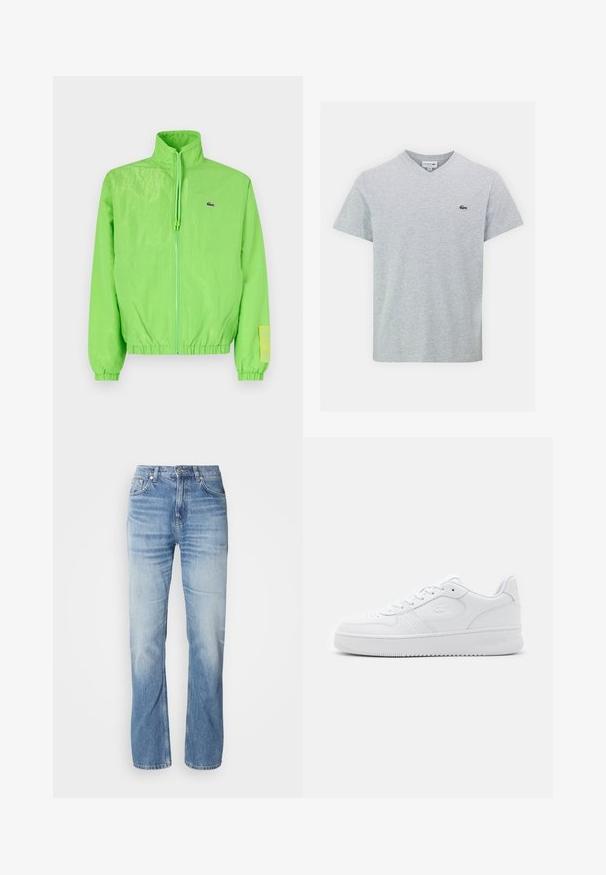 Veste coupe-vent verte avec un col montant, fermeture éclair à l'avant, poignets élastiques et ourlet. Présente un petit logo et un accent en étiquette sur la manche.; T-shirt gris en V fabriqué dans un matériau doux. Il a des manches courtes et un petit logo Lacoste vert sur la poitrine gauche. Design simple.; Jean en denim bleu clair avec une coupe droite, finition délavée, cinq poches et une fermeture à bouton. Design classique et épaisseur moyenne.; Baskets en cuir blanc avec une boîte à orteils perforée, des lacets plats et un col rembourré. Présente un logo en relief sur le côté et une semelle en caoutchouc texturée.