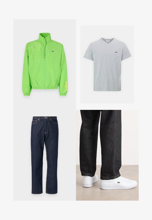 Chaqueta cortavientos verde con cuello alto, cierre frontal de cremallera, puños elásticos y dobladillo. Presenta un pequeño logo y un acento de etiqueta en la manga.; Camiseta gris de cuello en V hecha de material suave. Cuenta con mangas cortas y un pequeño logo verde de Lacoste en el lado izquierdo del pecho. Diseño sencillo.; Jeans de mezclilla azul oscuro con un diseño de pierna recta. Cuenta con un cierre de botón y cremallera, cinco bolsillos y detalles de costura en contraste.; Zapatillas de cuero blancas con un diseño de perfil bajo y un logo verde, combinadas con unos jeans de mezclilla oscuros con costuras amarillas.