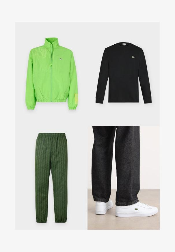 Groene windbreakers met een hoge kraag, ritssluiting aan de voorkant, elastische manchetten en zoom. Bevat een klein logo en een labelaccent op de mouw.; Zwart shirt met lange mouwen en ronde hals met klein groen krokodillogo op de linkerborst, afgebeeld tegen een effen lichte achtergrond.; Groene sportbroeken met een elastische tailleband, taps toelopende benen en een geometrisch patroon. Gemaakt van lichtgewicht materiaal.; Witte leren sneakers met een laag profiel en een groen logo, gecombineerd met donkere spijkerbroek met gele stiksels.
