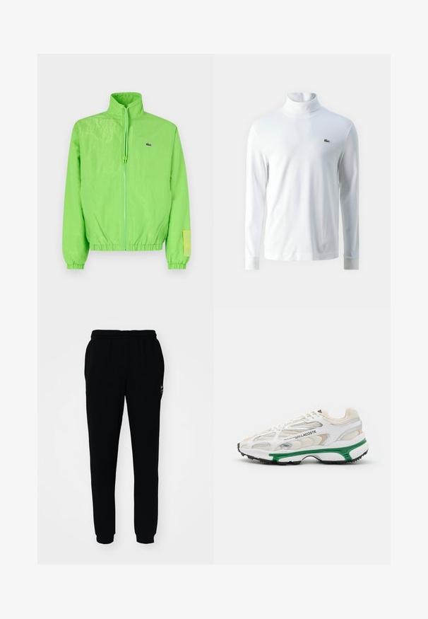 Veste coupe-vent verte avec un col montant, fermeture éclair à l'avant, poignets élastiques et ourlet. Présente un petit logo et un accent en étiquette sur la manche.; Chemise à col roulé blanche à manches longues en tissu doux, ornée d'un petit logo brodé vert sur la poitrine et de poignets ajustés.; Pantalons de survêtement noirs avec une taille élastique et des poignets élastiques. Fabriqués en tissu doux, comportant un petit logo sur le coin supérieur gauche.; Sneaker blanc avec accents verts et semelle en caoutchouc noir. Comprend des panneaux en mesh et en synthétique, avec une finition texturée et des coutures visibles.