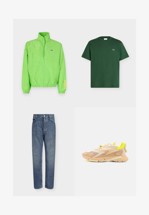 Grüne Windjacke mit hohem Kragen, Reißverschluss vorne, elastischen Bündchen und Saum. Verfügt über ein kleines Logo und ein Etikett-Detail am Ärmel.; Dunkelgrünes Baumwoll-T-Shirt mit kurzen Ärmeln, Rundhalsausschnitt und kleinem Lacoste Krokodil-Logo auf der linken Brust.; Gerade geschnittene blaue Jeans aus Denim mit hoher Taille, Frontknopfverschluss und Fünf-Taschen-Design auf einem schlichten hellen Hintergrund.; Sneaker mit einer leichten Oberseite aus Pfirsich- und Creme-Mesh, neon-gelben Akzenten, strukturiertem Wildleder und einer gepolsterten Sohle.