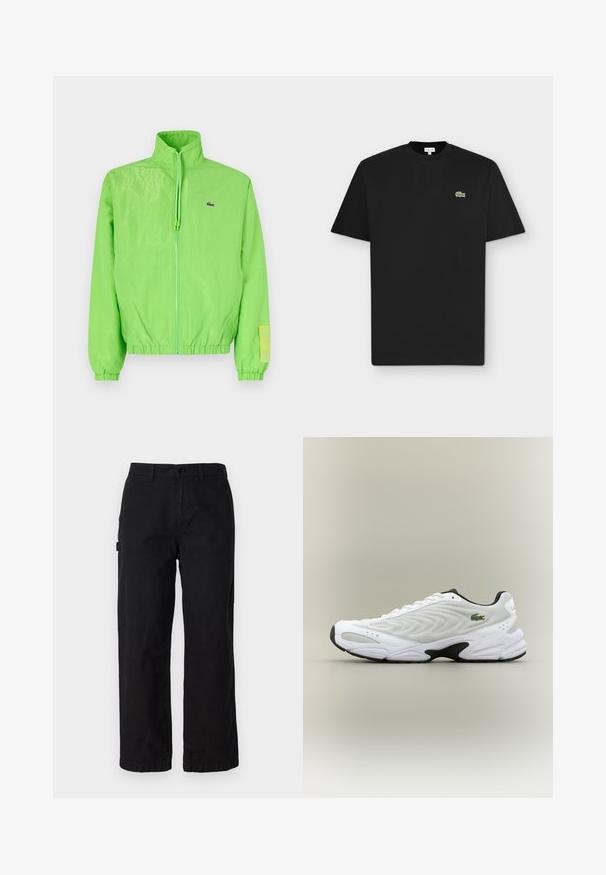 Grøn vindjakke med høj krave, lynlåslukning foran, elastiske manchetter og nederste kant. Har et lille logo og en labeldetalje på ærmet.; Sort kortærmet crew neck t-shirt med et lille grønt krokodil-logo på venstre bryst på en lysegrå baggrund.; Sorte bomulds cargo bukser med en lige ben-design, der har sidelommer og en frontknaplukning. Holdbart stof med en glat tekstur.; Hvide atletiske sko med tekstureret mesh-overdel, buet design og kontrasterende sort ydersål. Har en grøn broderet logo på siden.