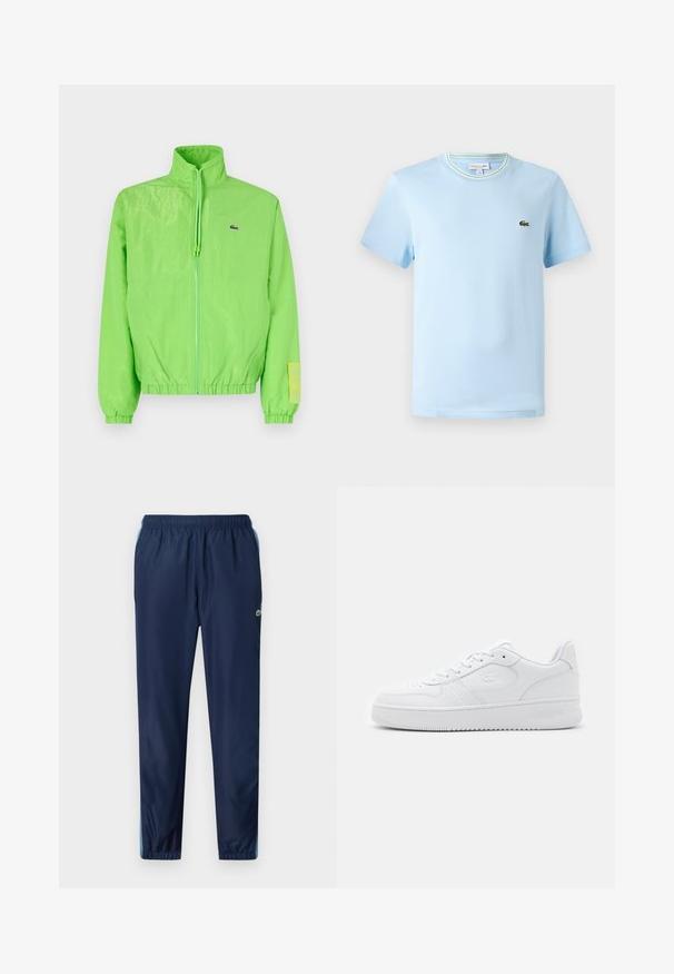 Groene windbreakers met een hoge kraag, ritssluiting aan de voorkant, elastische manchetten en zoom. Bevat een klein logo en een labelaccent op de mouw.; Lichtblauw katoenen t-shirt met korte mouwen, een ronde hals met een groen-witte gestreepte rand, en een klein geborduurd logo op de borst.; Marineblauwe sportbroek met een elastische tailleband, taps toelopende pijpen en lichtblauwe accenten aan de zijkanten; gemaakt van een lichtgewicht, glad materiaal.; Witte leren sneaker met geperforeerde neus, platte veters en gevoerde kraag. Voorzien van een geperst logo aan de zijkant en een getextureerde rubberen zool.