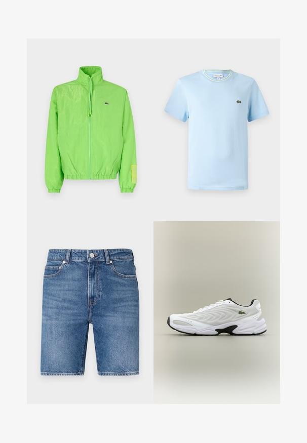 Chaqueta cortavientos verde con cuello alto, cierre frontal de cremallera, puños elásticos y dobladillo. Presenta un pequeño logo y un acento de etiqueta en la manga.; Camiseta de algodón azul claro con mangas cortas, cuello redondo con un ribete de rayas verdes y blancas, y un pequeño logo bordado en el pecho.; Shorts de mezclilla en un lavado azul medio con un corte recto, diseño de cinco bolsillos y cierre con botón en la parte superior. Presentan costuras en contraste.; Zapatilla deportiva blanca con parte superior de malla texturizada, diseño curvado y suela exterior negra en contraste. Presenta un logo verde bordado en el lateral.