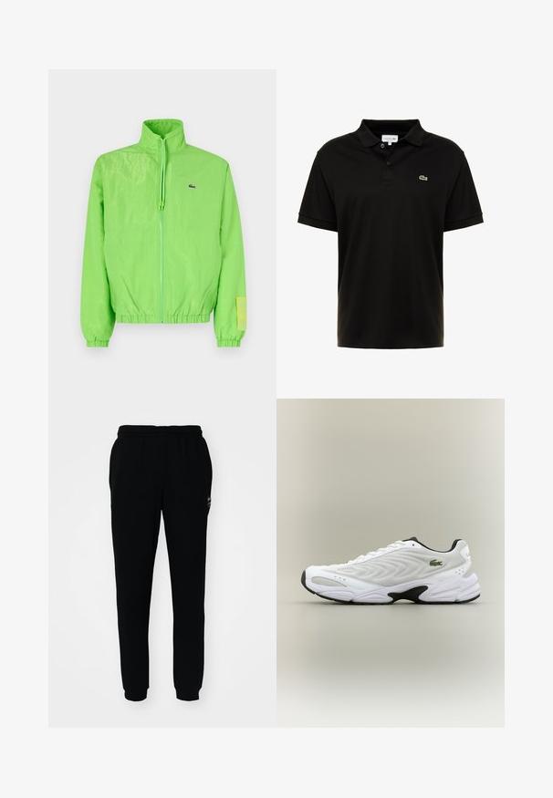 Grüne Windjacke mit hohem Kragen, Reißverschluss vorne, elastischen Bündchen und Saum. Verfügt über ein kleines Logo und ein Etikett-Detail am Ärmel.; Schwarzes Polo-Shirt aus Baumwolle mit kurzen Ärmeln, Knopfleiste und grünem Lacoste-Krokodil-Logo auf der linken Brust.; Schwarze Jogginghose mit elastischem Bund und Bündchen. Aus weichem Stoff gefertigt, mit einem kleinen Logo auf der oberen linken Seite.; Weißer Sportschuh mit strukturiertem Mesh-Obermaterial, geschwungenem Design und kontrastierender schwarzer Laufsohle. Mit grünem gesticktem Logo an der Seite.