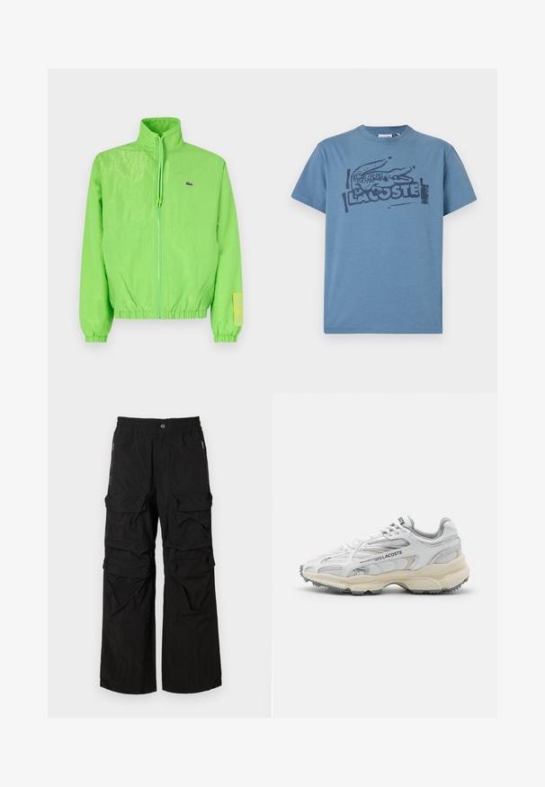 Grøn vindjakke med høj krave, lynlåslukning foran, elastiske manchetter og nederste kant. Har et lille logo og en labeldetalje på ærmet.; Blå bomulds t-shirt med et mørkt trykt krokodillelogo og "LACOSTE" tekst. Rund hals, korte ærmer, afslappet pasform.; Sorte cargo bukser med elastisk talje, flere store lommer og lynlåslommer på siden. Lavet af letvægts, tekstureret stof.; Hvide sportssko med grå detaljer, overdel i mesh og syntetiske materialer, snørebåndsdesign og tekstureret gummisål med grebemønstre.