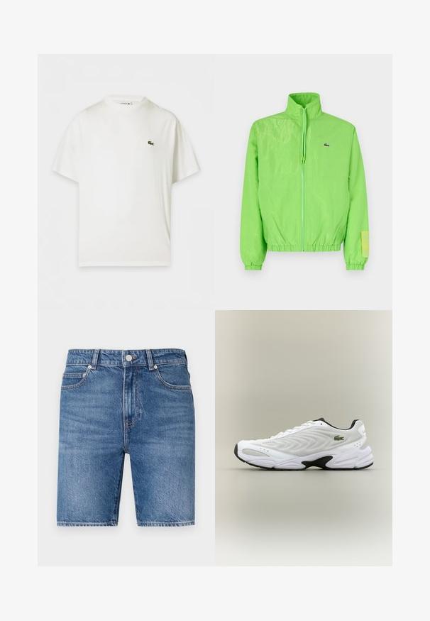 Grüne Windjacke mit hohem Kragen, Reißverschluss vorne, elastischen Bündchen und Saum. Verfügt über ein kleines Logo und ein Etikett-Detail am Ärmel.; Weißes T-Shirt mit kurzen Ärmeln und Rundhalsausschnitt mit kleinem grünem Krokodil-Logo auf der linken Brust.; Jeans-Shorts in einem mittleren Blauton mit geradem Schnitt, fünf Taschen Design und Knopfverschluss. Mit kontrastierenden Nähten.; Weißer Sportschuh mit strukturiertem Mesh-Obermaterial, geschwungenem Design und kontrastierender schwarzer Laufsohle. Mit grünem gesticktem Logo an der Seite.