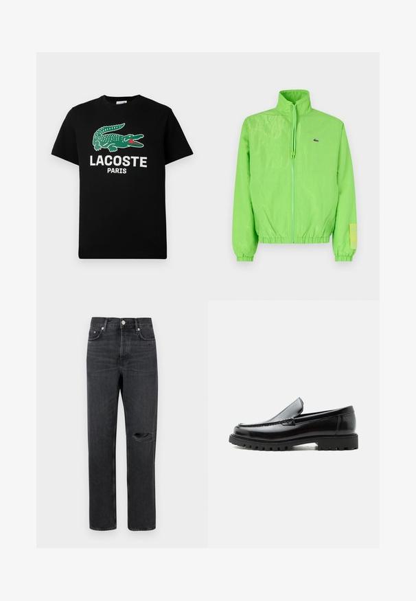 Veste coupe-vent verte avec un col montant, fermeture éclair à l'avant, poignets élastiques et ourlet. Présente un petit logo et un accent en étiquette sur la manche.; T-shirt en coton noir avec un logo de crocodile vert et le texte "LACOSTE PARIS" en blanc. Manches courtes et col rond classique.; Jean en denim noir avec jambe droite, présentant un genou déchiré, un design à cinq poches et des accessoires en métal à la taille et aux poches.; Mocassin en cuir noir avec semelle en caoutchouc épaisse, dessus cousu et nom de marque embossé sur le talon, présenté de profil sur fond blanc.