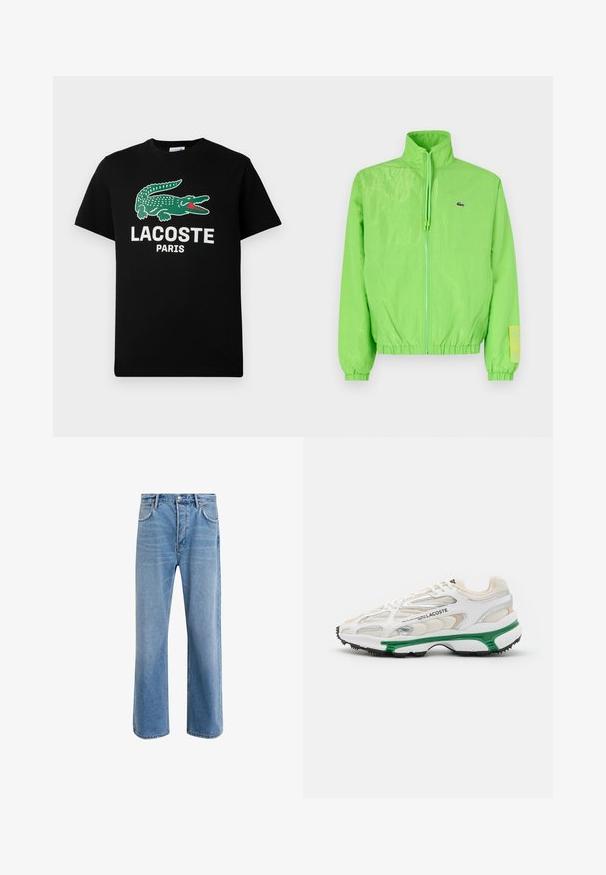Veste coupe-vent verte avec un col montant, fermeture éclair à l'avant, poignets élastiques et ourlet. Présente un petit logo et un accent en étiquette sur la manche.; T-shirt en coton noir avec un logo de crocodile vert et le texte "LACOSTE PARIS" en blanc. Manches courtes et col rond classique.; Jeans en denim bleu clair avec une coupe droite, cinq poches, fermeture à bouton, peu d'usure et des détails de couture contrastés.; Sneaker blanc avec accents verts et semelle en caoutchouc noir. Comprend des panneaux en mesh et en synthétique, avec une finition texturée et des coutures visibles.