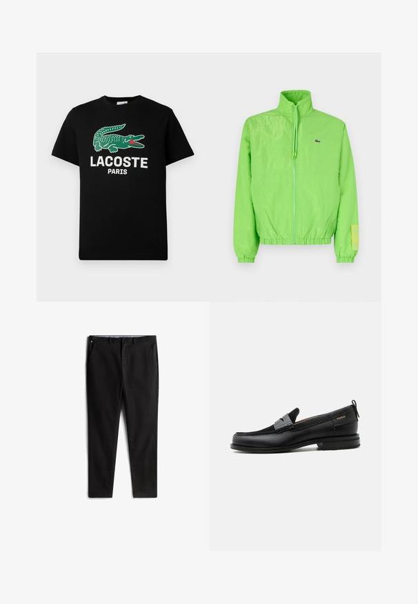 Groene windbreakers met een hoge kraag, ritssluiting aan de voorkant, elastische manchetten en zoom. Bevat een klein logo en een labelaccent op de mouw.; Zwarte katoenen t-shirt met een groen krokodillenlogo en de tekst "LACOSTE PARIS" in het wit. Korte mouwen en een klassieke ronde hals.; Zwarte chino's van een katoenmix, met een recht model, voorzakken en een subtiele logo-detail op de tailleband.; Zwarte leren loafer met grijs riemdetailelement, lage hak en gestructureerde zool, aan de zijkant gebrandmerkt met "HUGO" in goud.