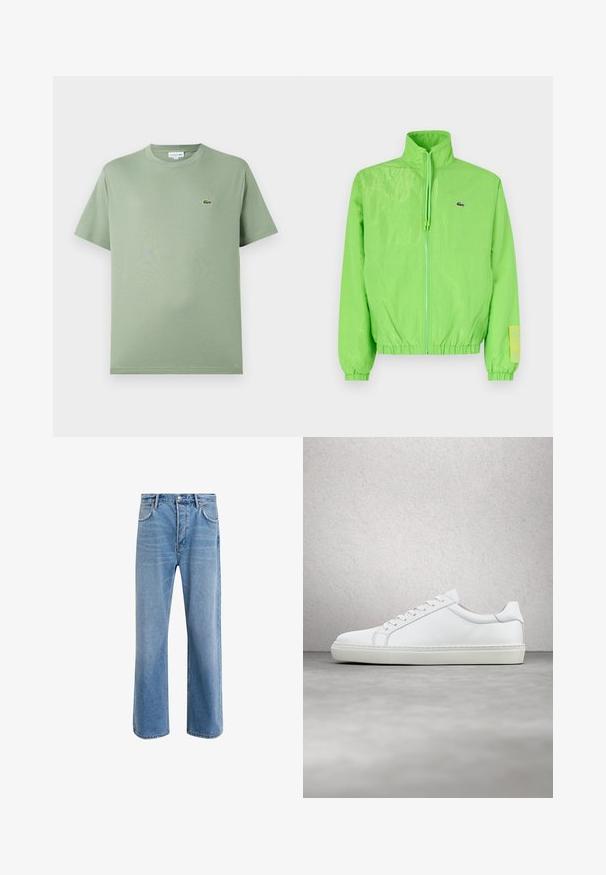 Grüne Windjacke mit hohem Kragen, Reißverschluss vorne, elastischen Bündchen und Saum. Verfügt über ein kleines Logo und ein Etikett-Detail am Ärmel.; Hellgrünes Baumwoll-T-Shirt mit Rundhalsausschnitt, kurzen Ärmeln und einem kleinen Logo auf der linken Brust. Glatte Textur, normale Passform.; Helle blaue Jeans im Geradeschnitt-Design, mit fünf Taschen, Knopfverschluss, minimaler Ausbleichung und kontrastierenden Nähdetails.; Weißer Sneaker mit glattem Lederobermaterial und niedrigem Profil. Verfügt über eine runde Zehenpartie, sechs Ösen und eine strukturierte Gummisohle.
