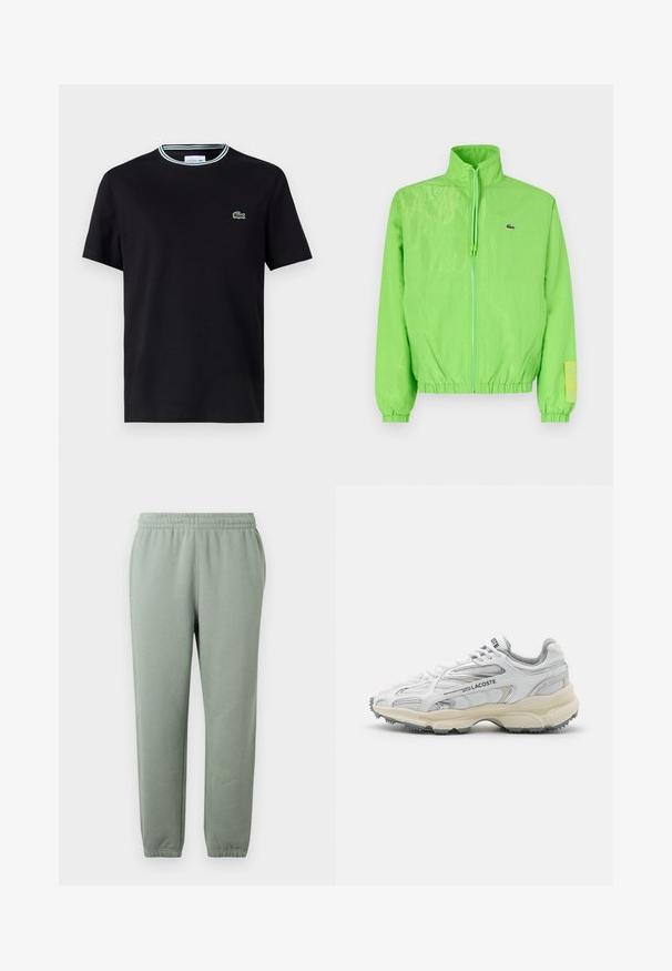Grüne Windjacke mit hohem Kragen, Reißverschluss vorne, elastischen Bündchen und Saum. Verfügt über ein kleines Logo und ein Etikett-Detail am Ärmel.; Schwarzes Baumwoll-T-Shirt mit Rundhalsausschnitt, ausgestattet mit einem weißen und grünen Streifenrand und einem gestickten grünen Krokodil-Logo auf der linken Brust.; Hellgrüne Sweatpants mit elastischem Bund, schmal zulaufenden Beinen und umgenähten Knöcheln. Hergestellt aus weichem, leichtem Stoff.; Weiße Sportschuhe mit grauen Akzenten, Obermaterial aus Mesh und Synthetik, Schnürdesign und rutschfester Gummisohle mit Strukturmustern.