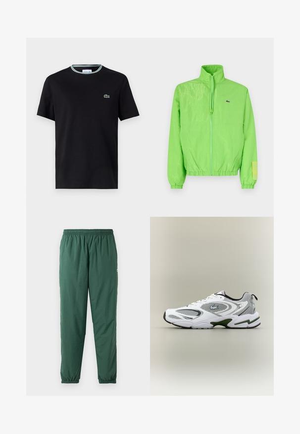 Grüne Windjacke mit hohem Kragen, Reißverschluss vorne, elastischen Bündchen und Saum. Verfügt über ein kleines Logo und ein Etikett-Detail am Ärmel.; Schwarzes Baumwoll-T-Shirt mit Rundhalsausschnitt, ausgestattet mit einem weißen und grünen Streifenrand und einem gestickten grünen Krokodil-Logo auf der linken Brust.; Grüne, leichte, elastische Hose mit gerafftem Bund und Bündchen, gefertigt aus einem glatten, wasserabweisenden Material.; Weiße und graue sportliche Laufschuhe mit Netzeinsätzen, grünen Akzenten, schwarzen Details und einem Logo an der Seite, von der Außenseite gezeigt.