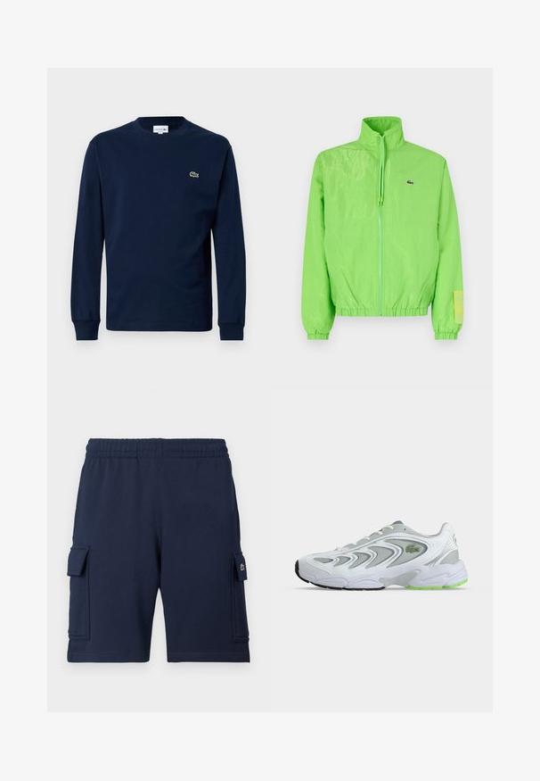 Groene windbreakers met een hoge kraag, ritssluiting aan de voorkant, elastische manchetten en zoom. Bevat een klein logo en een labelaccent op de mouw.; Marineblauw langemouwen t-shirt van katoen, met een ronde hals en een klein groen krokodil logo op de linkerborst.; Marineblauwe cargoshorts gemaakt van zachte stof, met een elastische tailleband, twee zijzakken en een klein logoaccent op de linkerzak.; Witte en grijze sportschoen met groene accenten en logo, meshpanelen en een dikke, gedempte zool, zijaanzicht op een effen achtergrond.