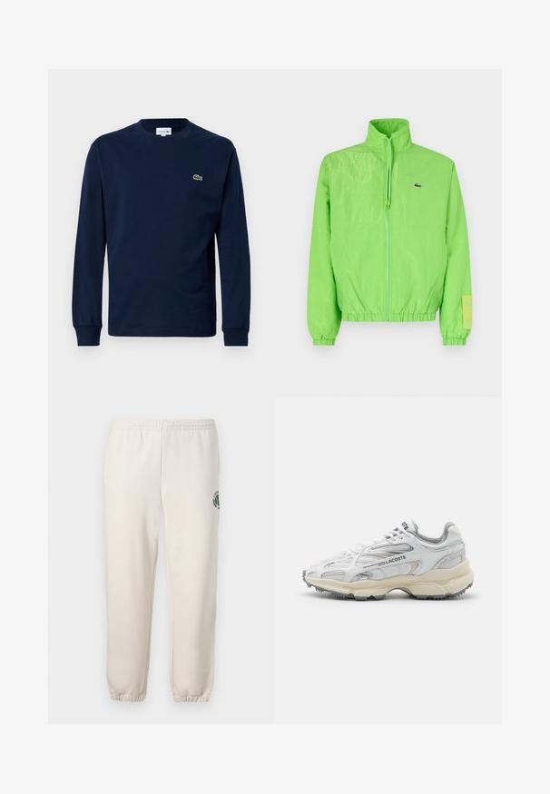 Groene windbreakers met een hoge kraag, ritssluiting aan de voorkant, elastische manchetten en zoom. Bevat een klein logo en een labelaccent op de mouw.; Marineblauw langemouwen t-shirt van katoen, met een ronde hals en een klein groen krokodil logo op de linkerborst.; Lichtbeige sweatpants van katoen, met een elastische tailleband, geribde boorden en een groen logo met een bladerenontwerp op het linkerpand.; Witte sportieve schoenen met grijze accenten, bovenwerk van mesh en synthetisch materiaal, vetersluiting en een geprofileerde rubberen zool met looppatronen.