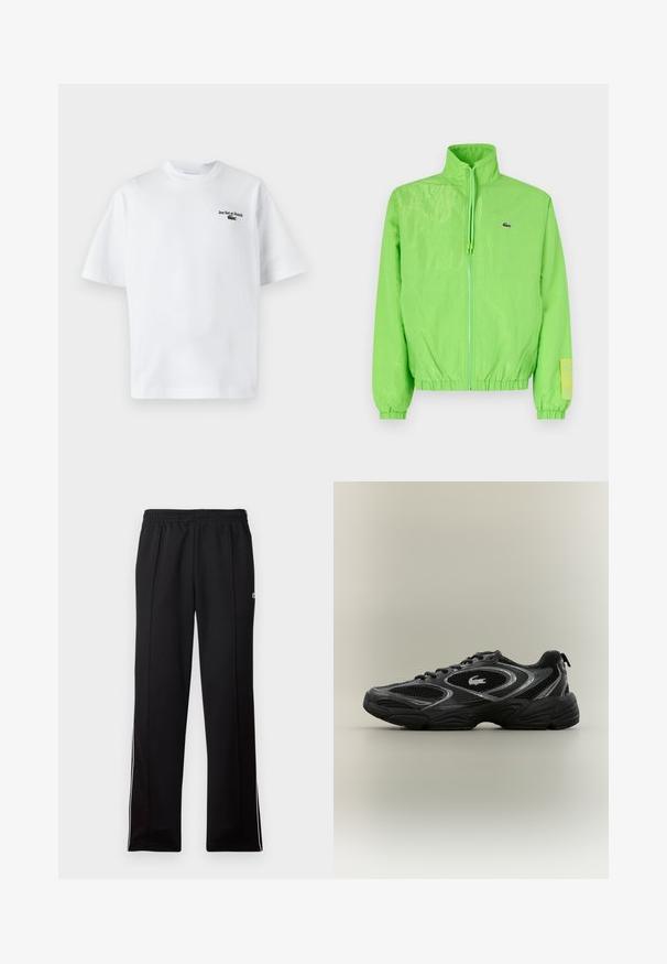 Groene windbreakers met een hoge kraag, ritssluiting aan de voorkant, elastische manchetten en zoom. Bevat een klein logo en een labelaccent op de mouw.; Witte katoen t-shirt met korte mouwen, met de tekst "Jeu Set et Match" en een klein groen logo op de linkerkant van de borst. Klassieke pasvorm.; Zwarte sportleggings van volledige lengte met een elastische tailleband en witte zijstrepen, met een klein groen logo aan de bovenkant.; Zwarte en grijze sport sneaker met meshpanelen, vetersluiting, dikke zool en een klein krokodillologo aan de zijkant.