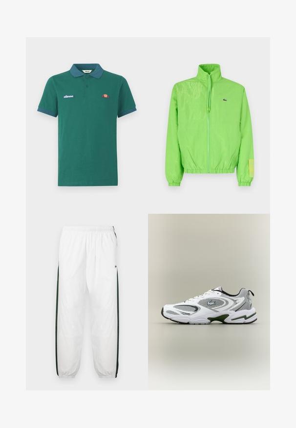 Groene windbreakers met een hoge kraag, ritssluiting aan de voorkant, elastische manchetten en zoom. Bevat een klein logo en een labelaccent op de mouw.; Groene polo shirt van katoen met een contrasterende blauwe kraag en manchetten. Heeft een geborduurd logo en een klein kleurrijk ontwerp op de borst.; Witte trainingsbroek met donkergroene zijpanelen. Lichtgewicht materiaal, elastische tailleband en boordjes aan de onderkant. Heeft een meshstructuur op de zijpanelen.; Witte en grijze sportieve hardloopschoen met meshpanelen, groene accenten, zwarte details en een logo aan de zijkant, getoond vanaf de buitenkant.