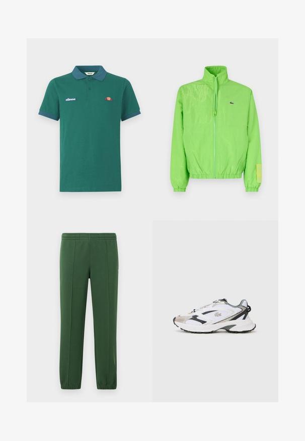 Grüne Windjacke mit hohem Kragen, Reißverschluss vorne, elastischen Bündchen und Saum. Verfügt über ein kleines Logo und ein Etikett-Detail am Ärmel.; Grünes Polohemd aus Baumwolle mit einem kontrastierenden blauen Kragen und Bündchen. Verfügt über ein gesticktes Logo und ein kleines farbenfrohes Design auf der Brust.; Grüne Jogginghose aus weichem Material; mit Gummizugbund, schmal zulaufenden Beinen und einem kleinen Logo an der Seite.; Weißer Sportschuh mit silbernen und schwarzen Akzenten, Obermaterial aus Netzstoff, strukturierte Sohle und ein schlankes Design mit einem Logo an der Seite.