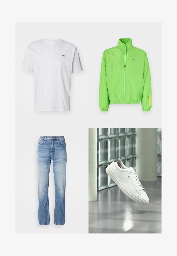 Grüne Windjacke mit hohem Kragen, Reißverschluss vorne, elastischen Bündchen und Saum. Verfügt über ein kleines Logo und ein Etikett-Detail am Ärmel.; Weißes Baumwoll-T-Shirt mit Rundhalsausschnitt, kurzen Ärmeln und einem kleinen grünen gestickten Logo auf der Brust. Klassisches, gerades Schnittdesign.; Hellblaue Jeans aus Denim mit geradem Bein, verblasstem Finish, fünf Taschen und Knopfverschluss. Klassisches Design und mittlere Dicke.; Weißer Leder-Low-Top-Sneaker mit Schnürsenkeln, schwarzer Fersenschlaufe und „BOSS“-Logo, der drinnen nahe einer Glassteinwand und einem polierten Boden schwebt.