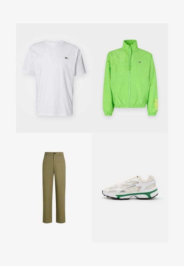 Veste coupe-vent verte avec un col montant, fermeture éclair à l'avant, poignets élastiques et ourlet. Présente un petit logo et un accent en étiquette sur la manche.; T-shirt en coton blanc avec col rond, manches courtes et un petit logo brodé vert sur la poitrine. Design classique à coupe droite.; Pantalons vert olive en tissu lisse, avec une coupe droite, une fermeture à un bouton, et une texture subtile.; Sneaker blanc avec accents verts et semelle en caoutchouc noir. Comprend des panneaux en mesh et en synthétique, avec une finition texturée et des coutures visibles.