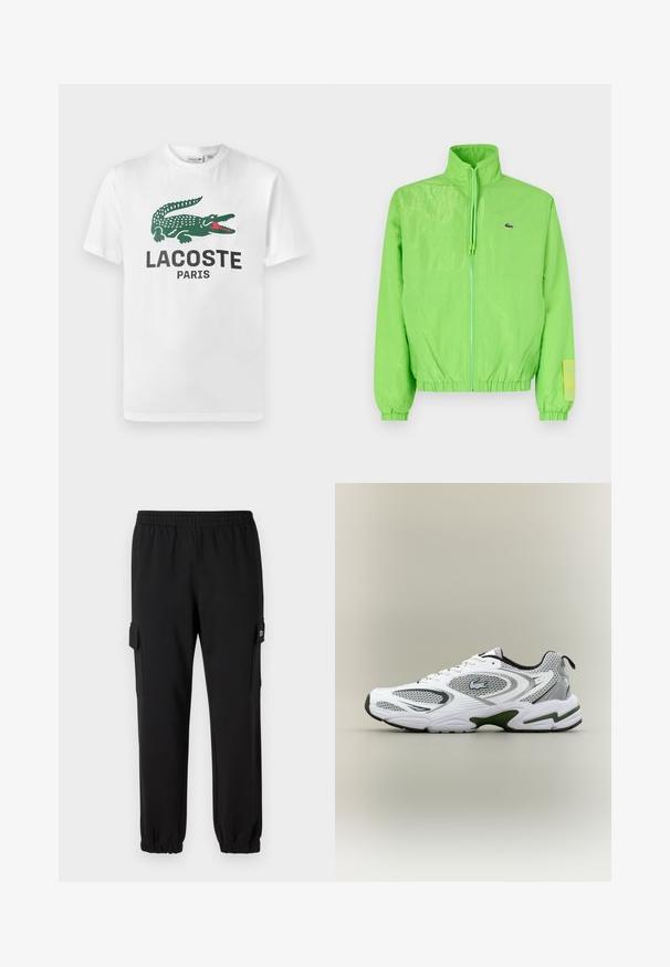 Zelená vetrovka s vysokým golierom, zipsom vpredu, elastickými manžetami a lemom. Má malé logo a výraznú nášivku na rukáve.; Lacoste Tričko s potlačou - white; Čierne tepláky s elastickým pásom, zúženými manžetami a bočnými cargo vreckami. Vyrobené z mäkkého materiálu s hladkou textúrou.; Biele a šedé športové bežecké topánky so sieťovými panelmi, zelenými akcentmi, čiernymi detailmi a logom na boku, zobrazené z vonkajšej strany.