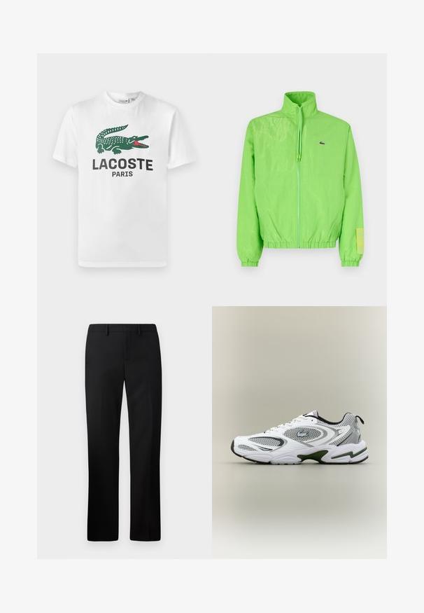 Zelená vetrovka s vysokým golierom, zipsom vpredu, elastickými manžetami a lemom. Má malé logo a výraznú nášivku na rukáve.; Lacoste Tričko s potlačou - white; Čierne elegantné nohavice so rovnými nohavicami, vyrobené z hladkej tkaniny. Súčasťou je plochý predný diel a pás so stredným vzostupom.; Biele a šedé športové bežecké topánky so sieťovými panelmi, zelenými akcentmi, čiernymi detailmi a logom na boku, zobrazené z vonkajšej strany.