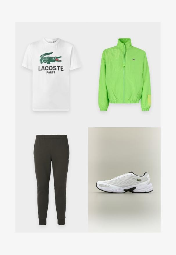 Grøn vindjakke med høj krave, lynlåslukning foran, elastiske manchetter og nederste kant. Har et lille logo og en labeldetalje på ærmet.; Lacoste T-shirts print - white; Mørkegrønne joggers lavet af blødt stof, med elastisk talje, ribbede manchetter og et lille logo på siden.; Hvide atletiske sko med tekstureret mesh-overdel, buet design og kontrasterende sort ydersål. Har en grøn broderet logo på siden.