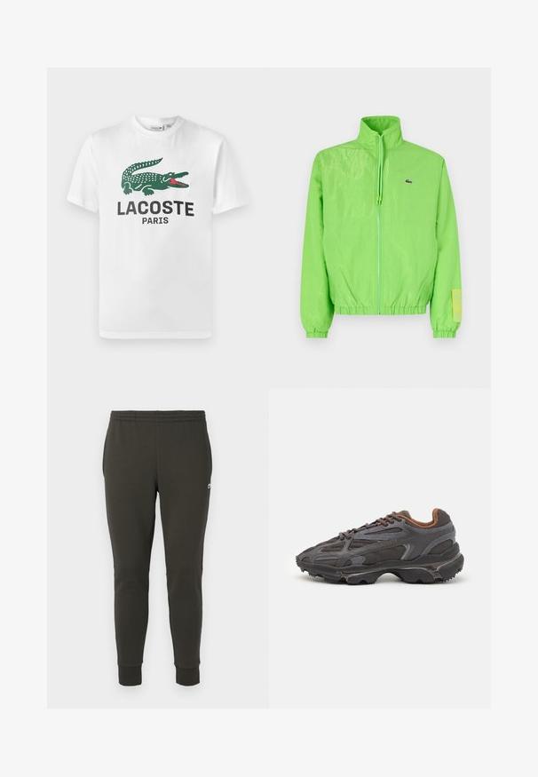Chaqueta cortavientos verde con cuello alto, cierre frontal de cremallera, puños elásticos y dobladillo. Presenta un pequeño logo y un acento de etiqueta en la manga.; Lacoste Camiseta estampada - white; Joggers de color verde oscuro, fabricados en tejido suave, con una cinturilla elástica, puños acanalados y un pequeño logo en el costado.; Zapatillas Lacoste en gris oscuro con material de malla y sintético, que cuentan con una suela texturizada y detalles en marrón en el cuello y la marca.