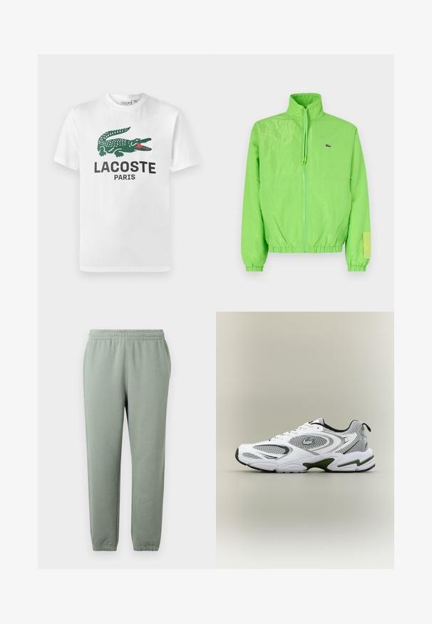 Chaqueta cortavientos verde con cuello alto, cierre frontal de cremallera, puños elásticos y dobladillo. Presenta un pequeño logo y un acento de etiqueta en la manga.; Lacoste Camiseta estampada - white; Pantalones de chándal verde claro con una cinturilla elástica, piernas ajustadas y puños en los tobillos. Fabricados con un tejido suave y ligero.; Zapatilla deportiva de running en blanco y gris, con paneles de malla, acentos verdes, detalles en negro y un logo en el costado, vista desde el lado exterior.