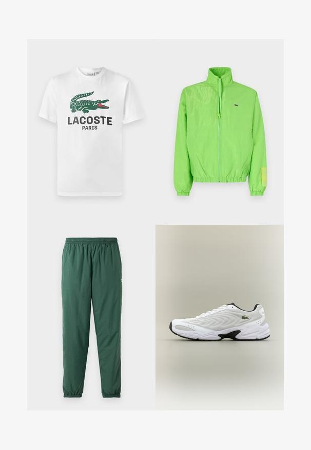 Zelená vetrovka s vysokým golierom, zipsom vpredu, elastickými manžetami a lemom. Má malé logo a výraznú nášivku na rukáve.; Lacoste Tričko s potlačou - white; Zelené, ľahké, elastické nohavice so sťahovacím pásom a manžetami, vyrobené z hladkého, vodoodpudivého materiálu.; Biele atletické tenisky s textúrovaným sieťovinovým zvrškom, zakriveným dizajnom a kontrastnou čiernou podrážkou. S greennou vyšívanou nášivkou na boku.