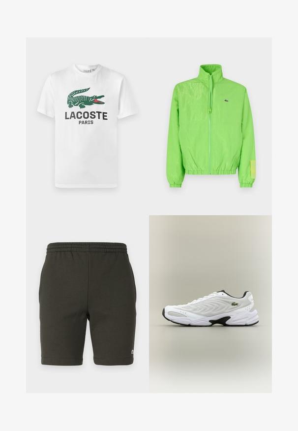 Zelená vetrovka s vysokým golierom, zipsom vpredu, elastickými manžetami a lemom. Má malé logo a výraznú nášivku na rukáve.; Lacoste Tričko s potlačou - white; Tmavo zelené šortky s elastickým pásom, vyrobené z mäkkej látky. Majú rovný strih, lemované nohavice a malé logo na dolnej pravej strane.; Biele atletické tenisky s textúrovaným sieťovinovým zvrškom, zakriveným dizajnom a kontrastnou čiernou podrážkou. S greennou vyšívanou nášivkou na boku.