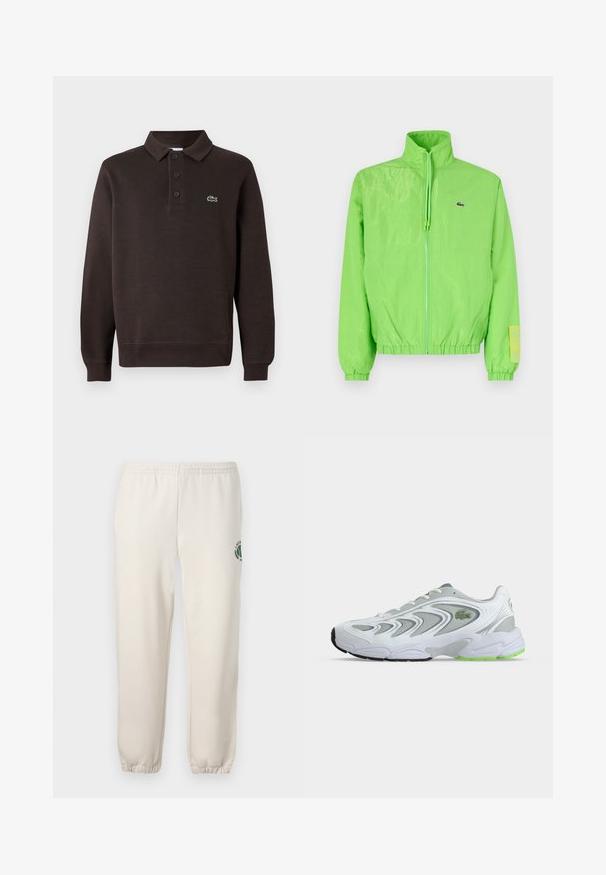 Groene windbreakers met een hoge kraag, ritssluiting aan de voorkant, elastische manchetten en zoom. Bevat een klein logo en een labelaccent op de mouw.; Bruine lange mouwen polo shirt gemaakt van textuurstof, met een drieknoopsluiting en een klein Lacoste-logo op de borst.; Lichtbeige sweatpants van katoen, met een elastische tailleband, geribde boorden en een groen logo met een bladerenontwerp op het linkerpand.; Witte en grijze sportschoen met groene accenten en logo, meshpanelen en een dikke, gedempte zool, zijaanzicht op een effen achtergrond.